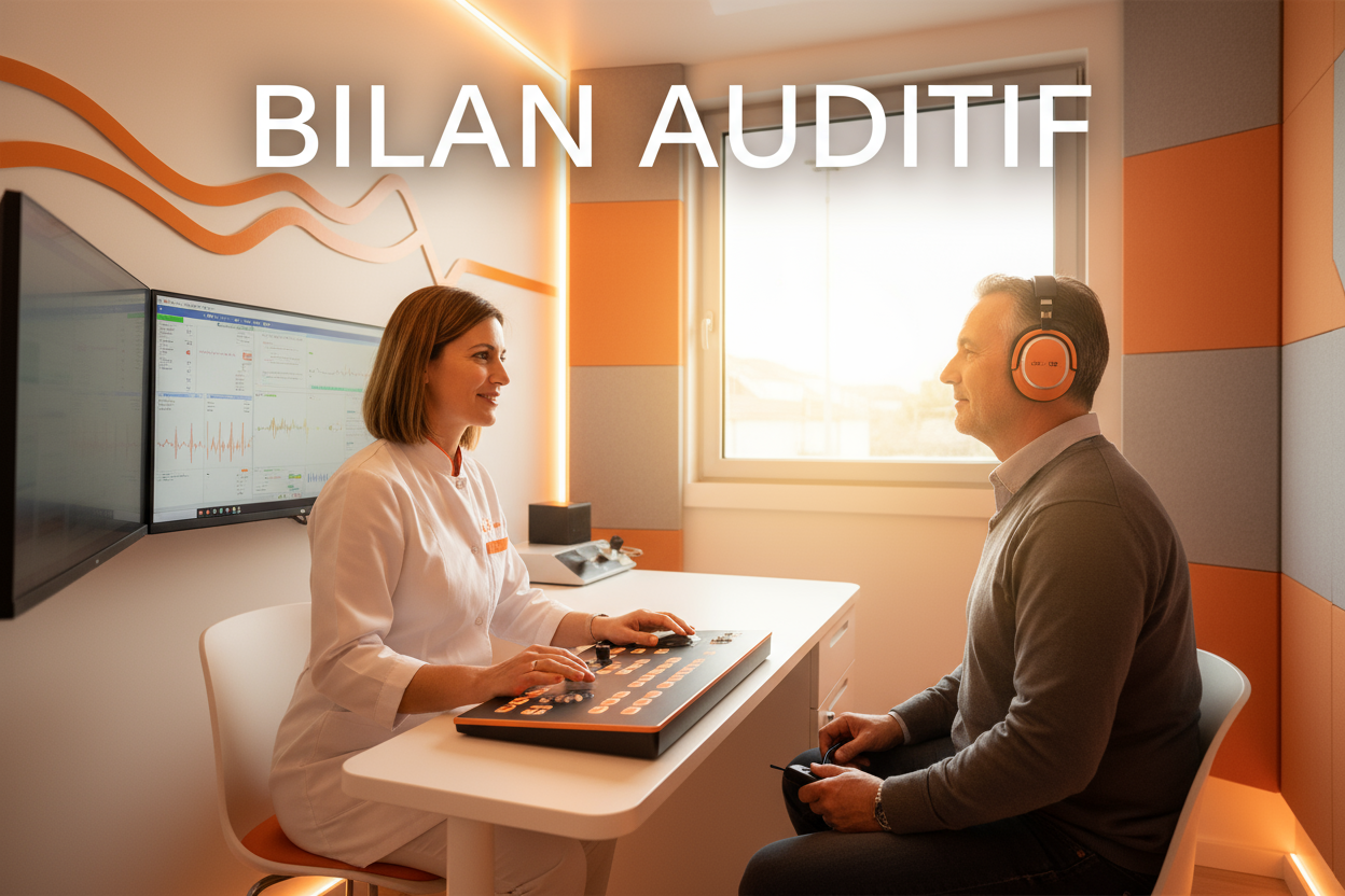genre moi une image 1080x1080 d'un bilan auditif en pleine seance, il faut que l'image parle d'elle meme, tres commerciale et une touche d'orange et texte en français
